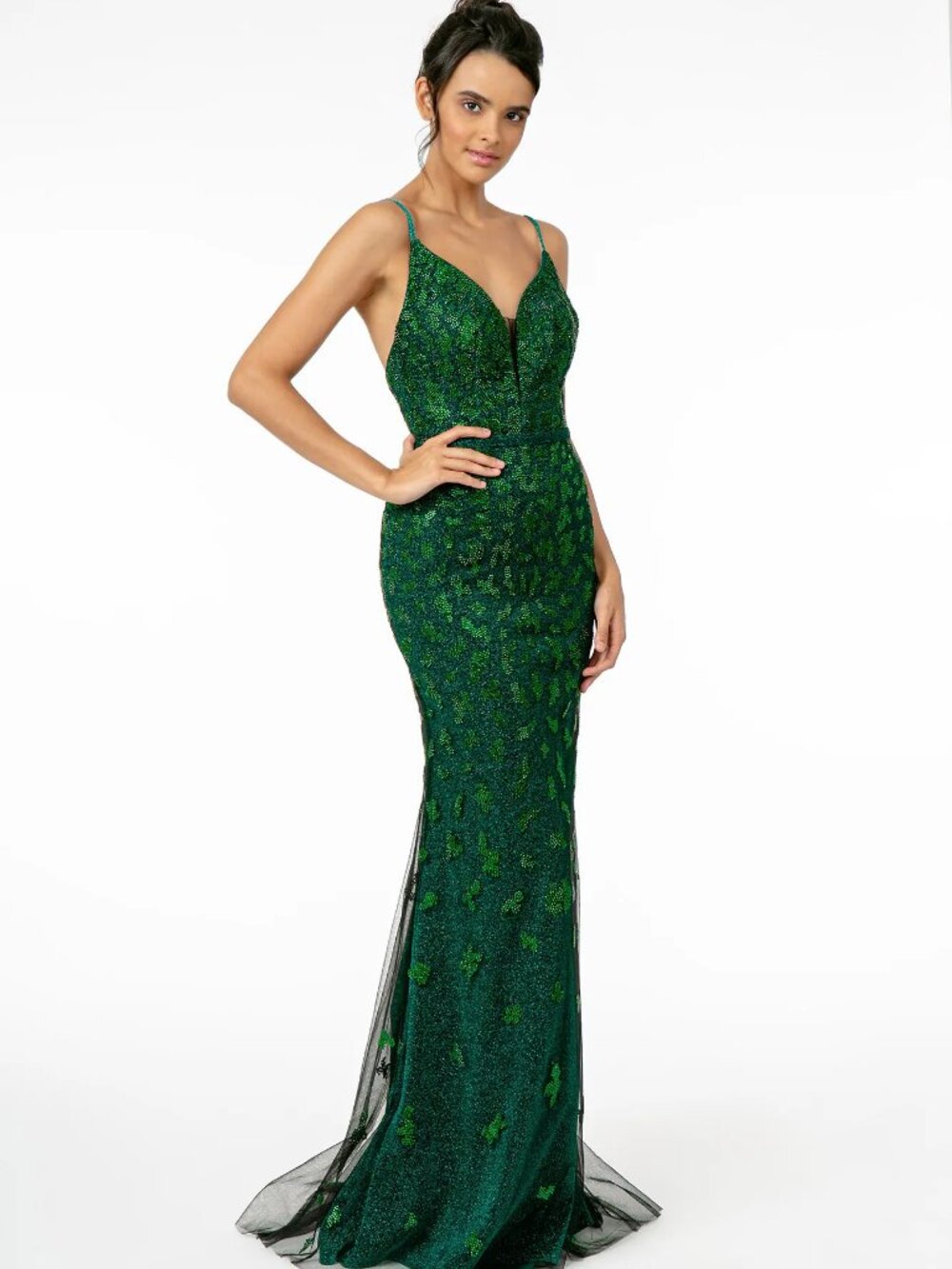 NEW GREEN Tulle & Mesh V-Neck Prom Gown Floor Length Embellished GL2917